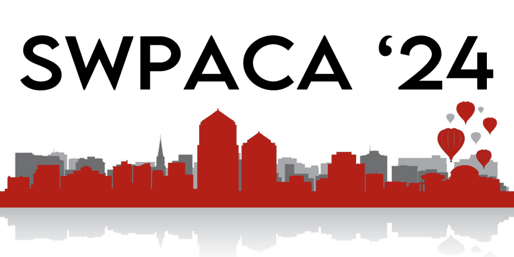 Large bold text that reads SWPACA '24. On the bottom, the Albuquerque skyline in red.
