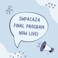 A graphic of a speech bubble coming out of a megaphone with the text SWPACA24 Final Program Now Live!